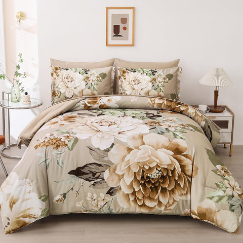 Dintszyayue khaki floral comforter king on a neatly made bed for all-season warmth.