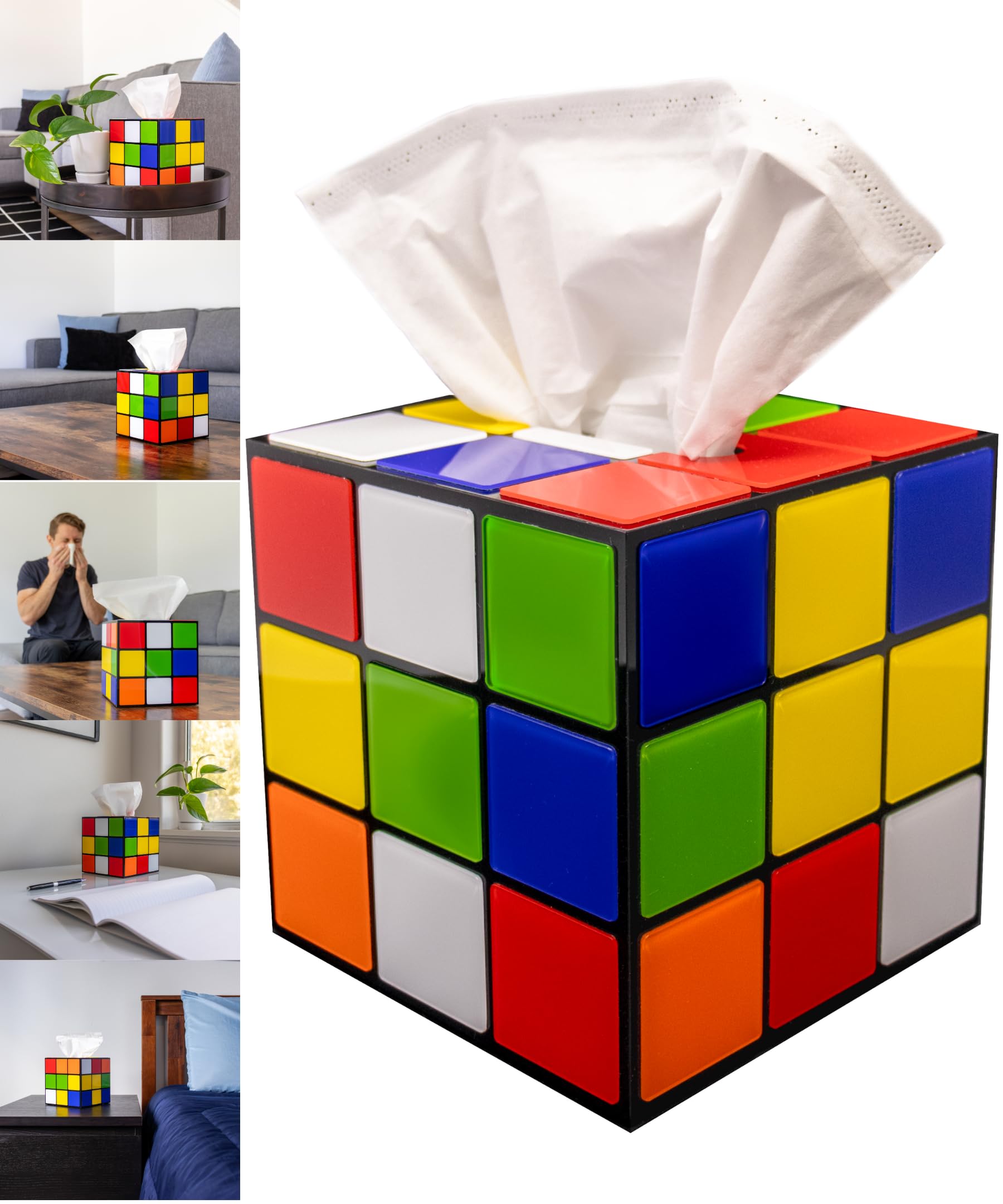 Diochey Creations Magic Cube Tissue Box Cover front view adds bold retro flair to shelves.