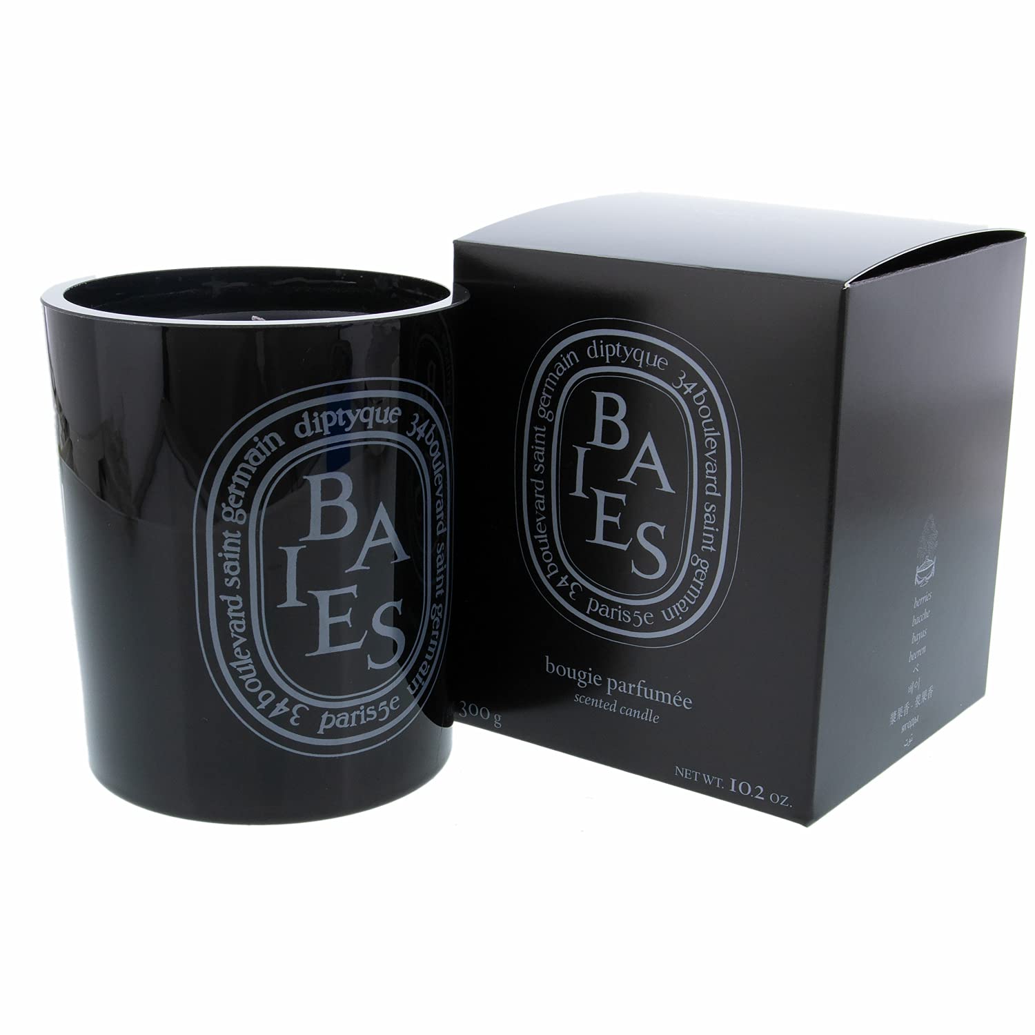 Diptyque Black Baies Candle jar closeup highlighting elegant design and long-lasting fragrance.