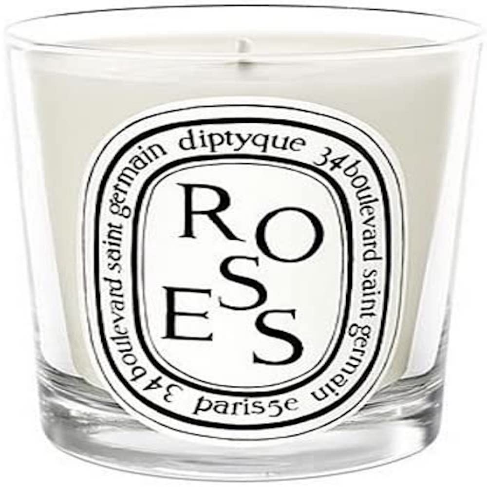 Diptyque Roses Candle (6.5 oz) with blooming rose scent, ideal for living rooms.