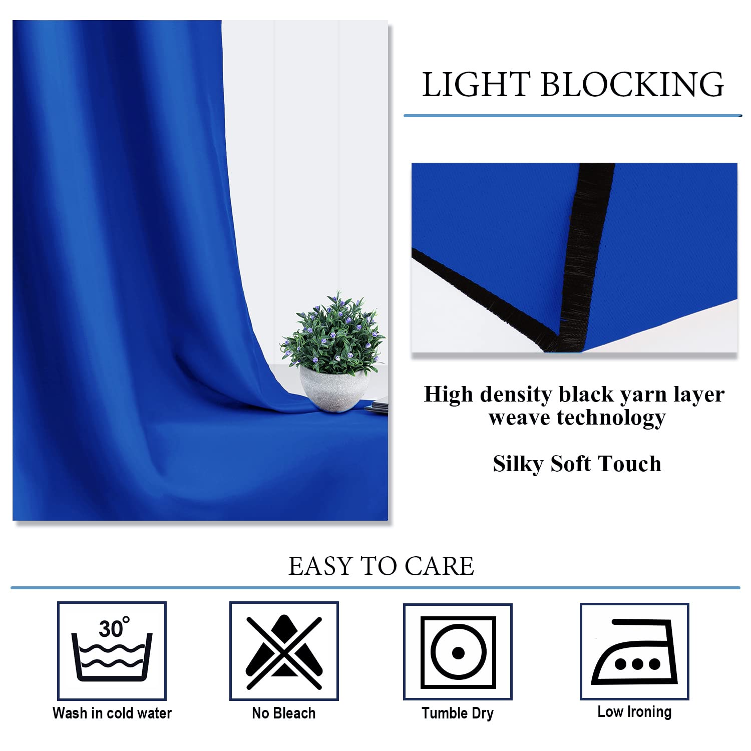 Diraysid Royal Blue blackout drapes are machine washable for easy care.