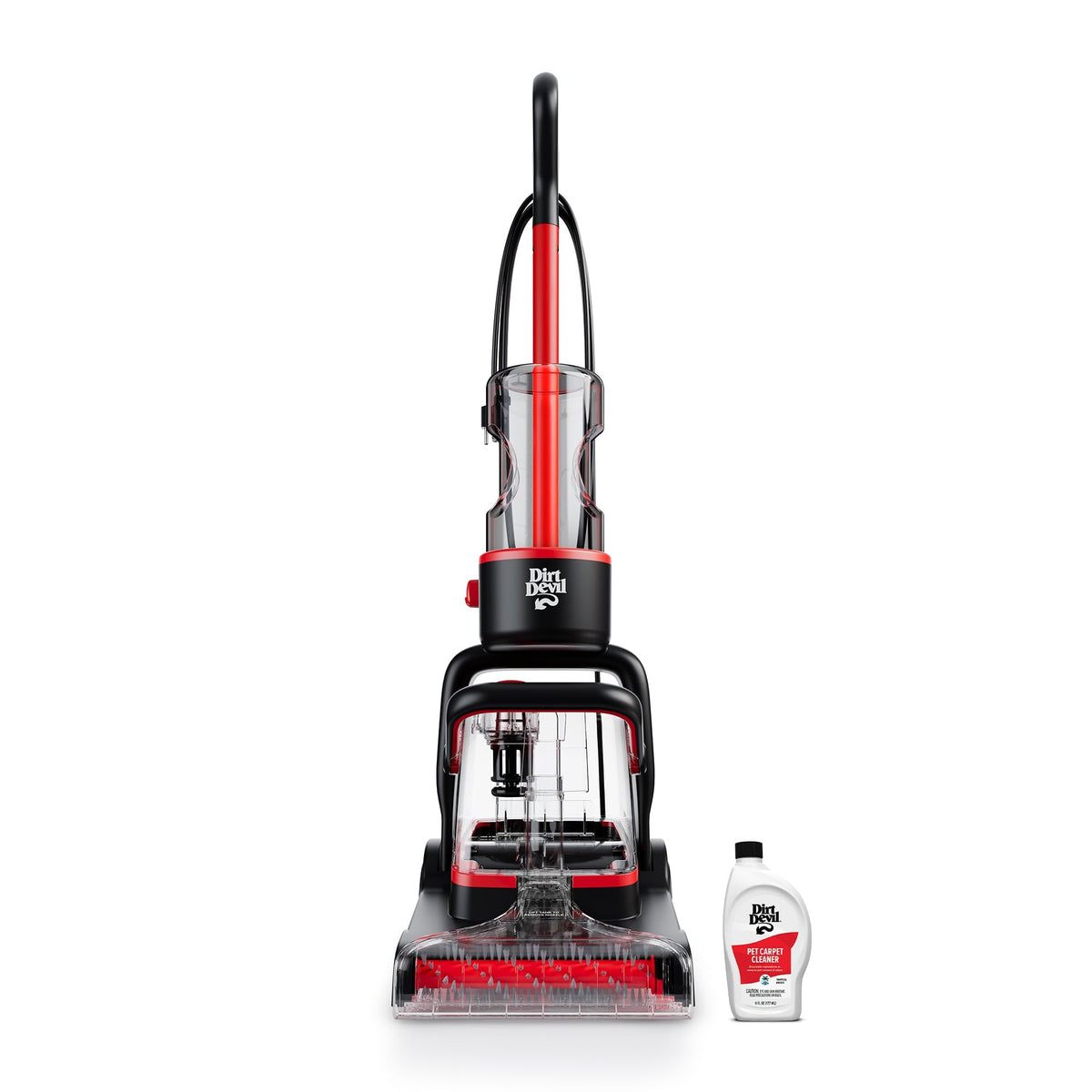 Dirt Devil full-size carpet cleaner with brush roll lifting tough stains.