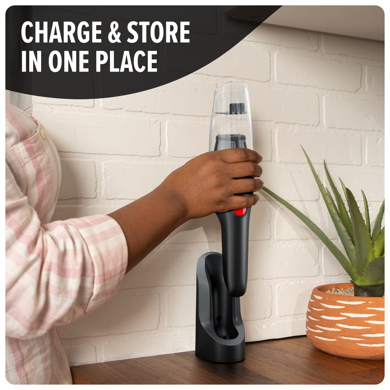 Dirt Devil Grab and Go+ charging stand keeps tools organized while charging.