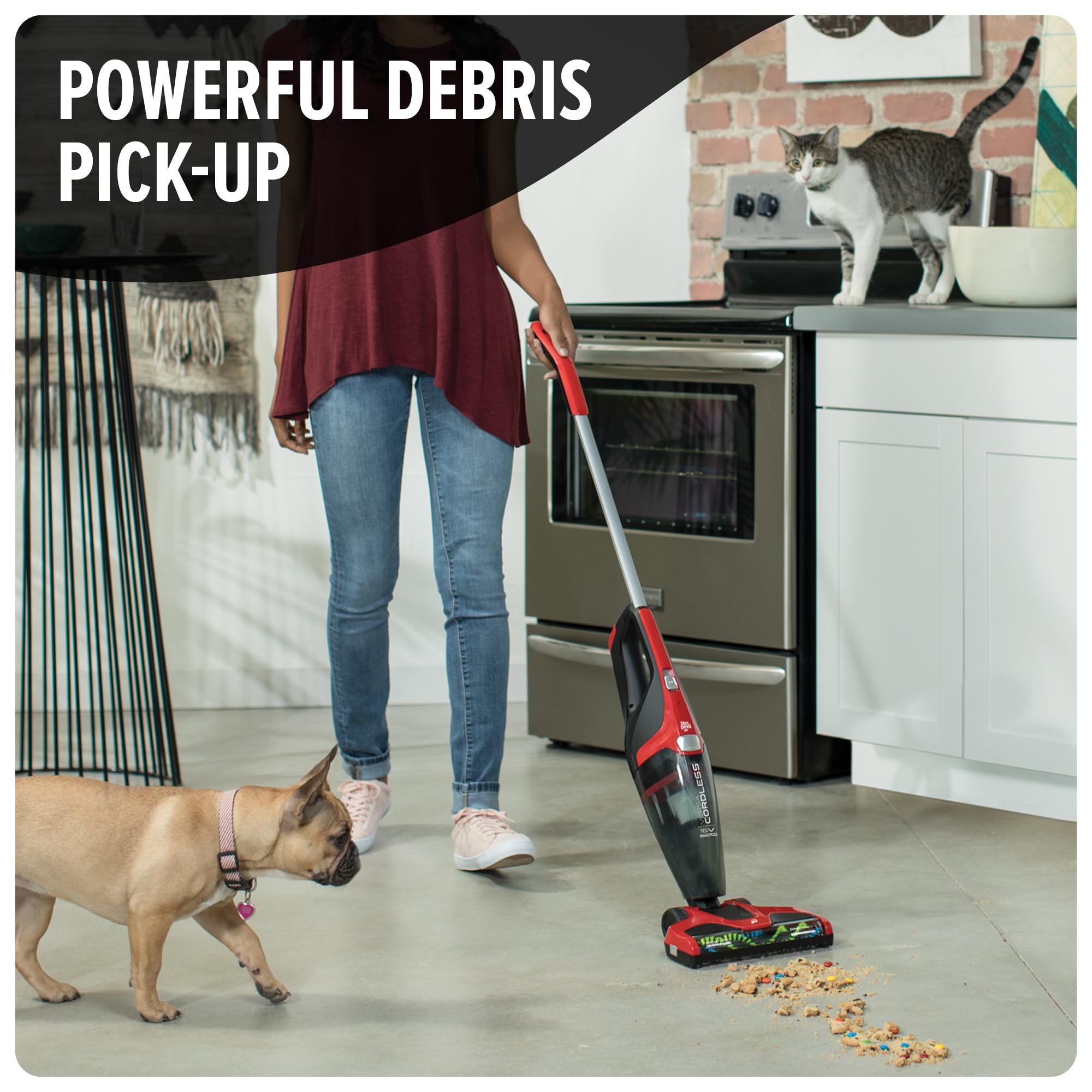 Dirt Devil Versa Stick with Spin4Pro brush removes pet hair from upholstery
