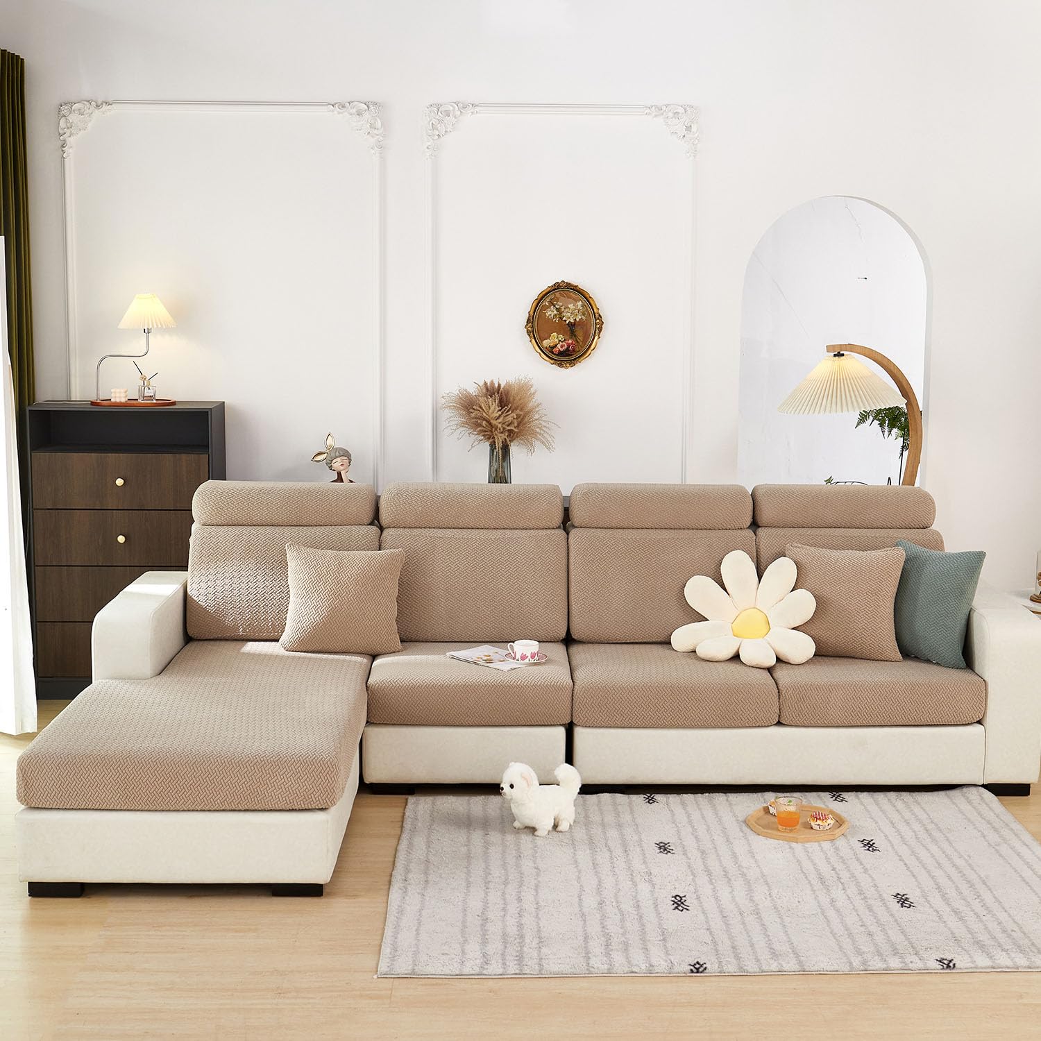 Disayu bottom edge elastic straps keep the cover in place on a sectional.