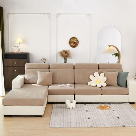 Disayu bottom edge elastic straps keep the cover in place on a sectional.