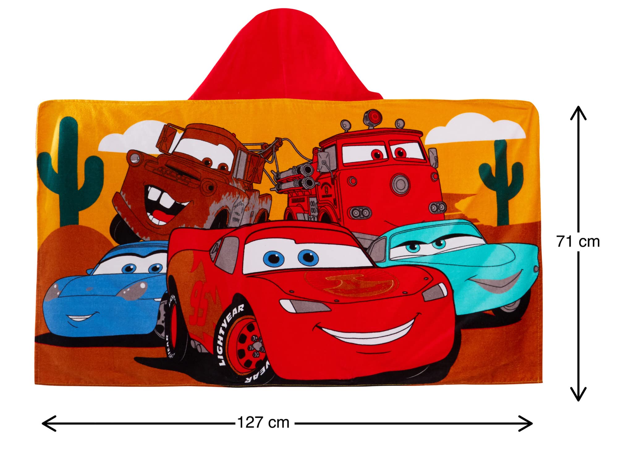 Disney Cars hooded towel ideal for beach and poolside drying.