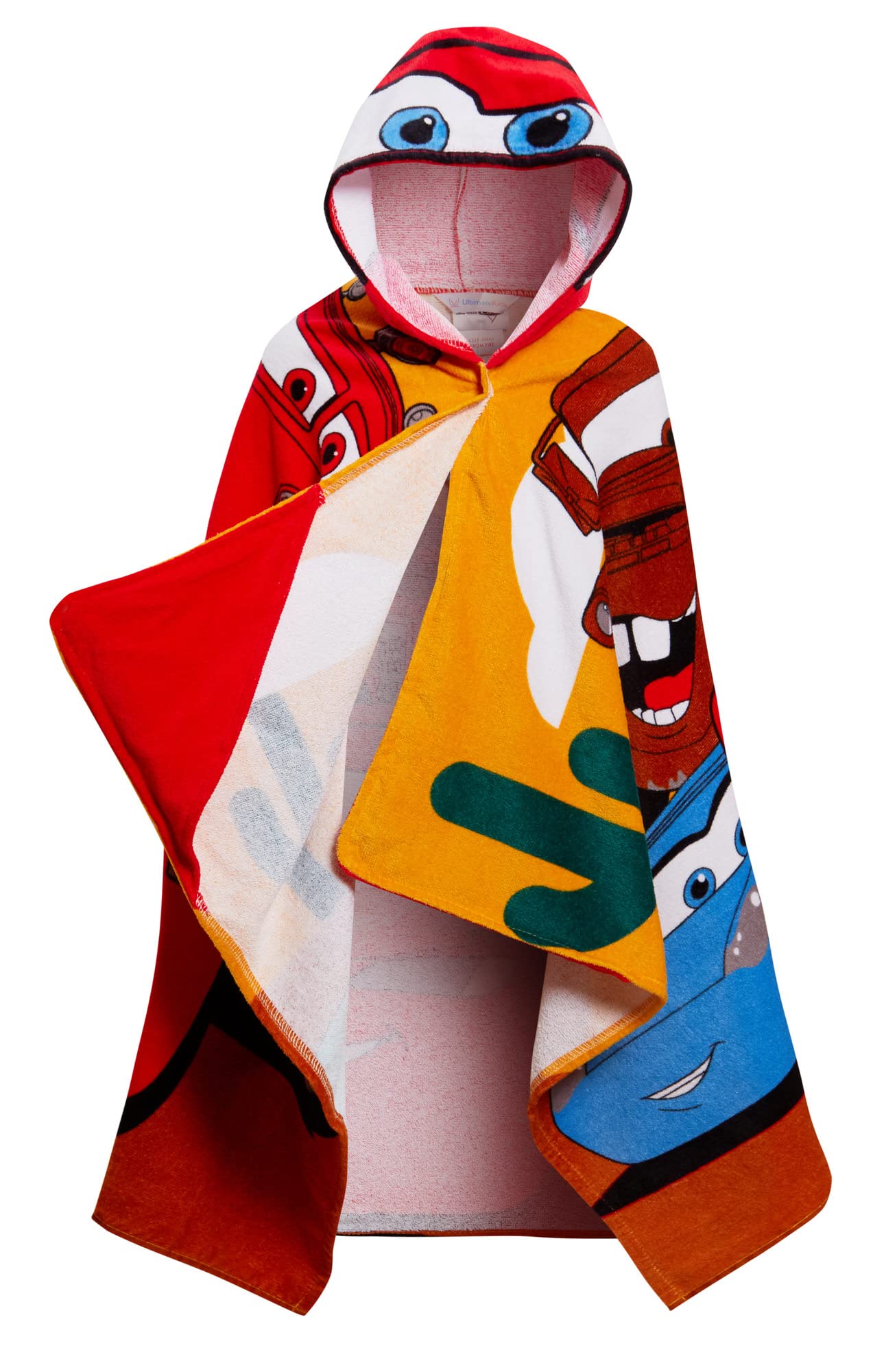Disney Cars hooded towel with corner pockets for easy wrap after bath.