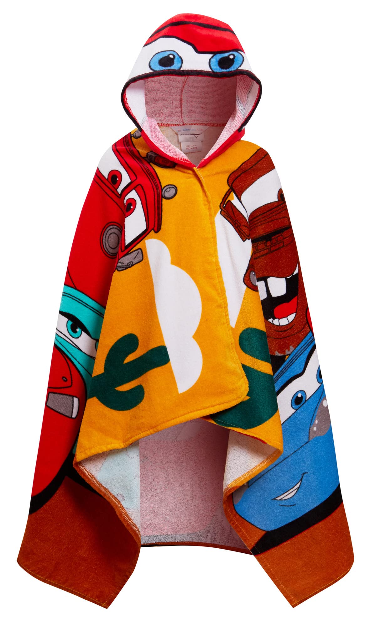 Disney Cars hooded towel with Lightning McQueen hood for playful drying.