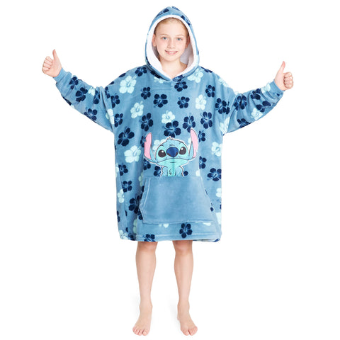 Disney Stitch blanket hoodie front view, cozy warmth for kids during movie nights.