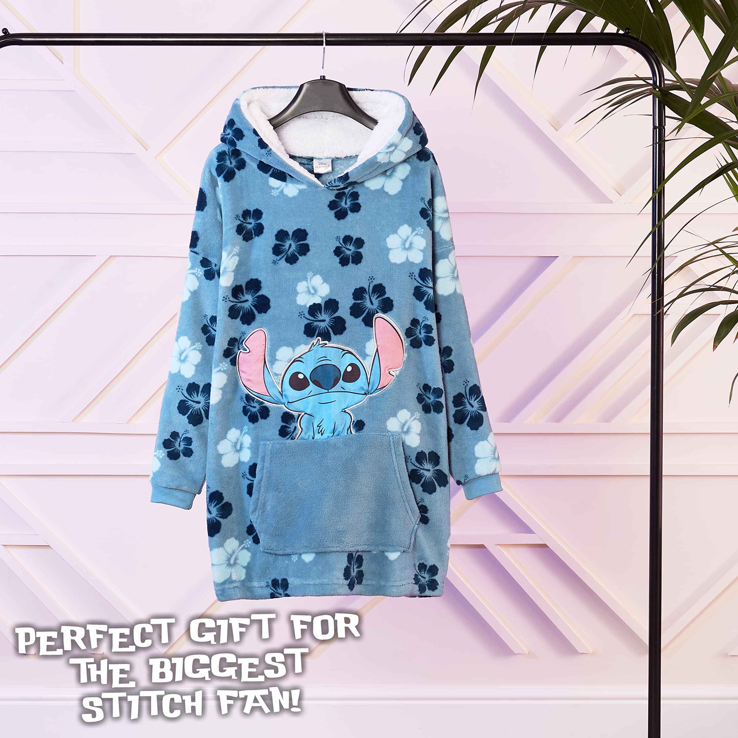 Disney Stitch blanket hoodie hood detail with sherpa lining for extra warmth and comfort.