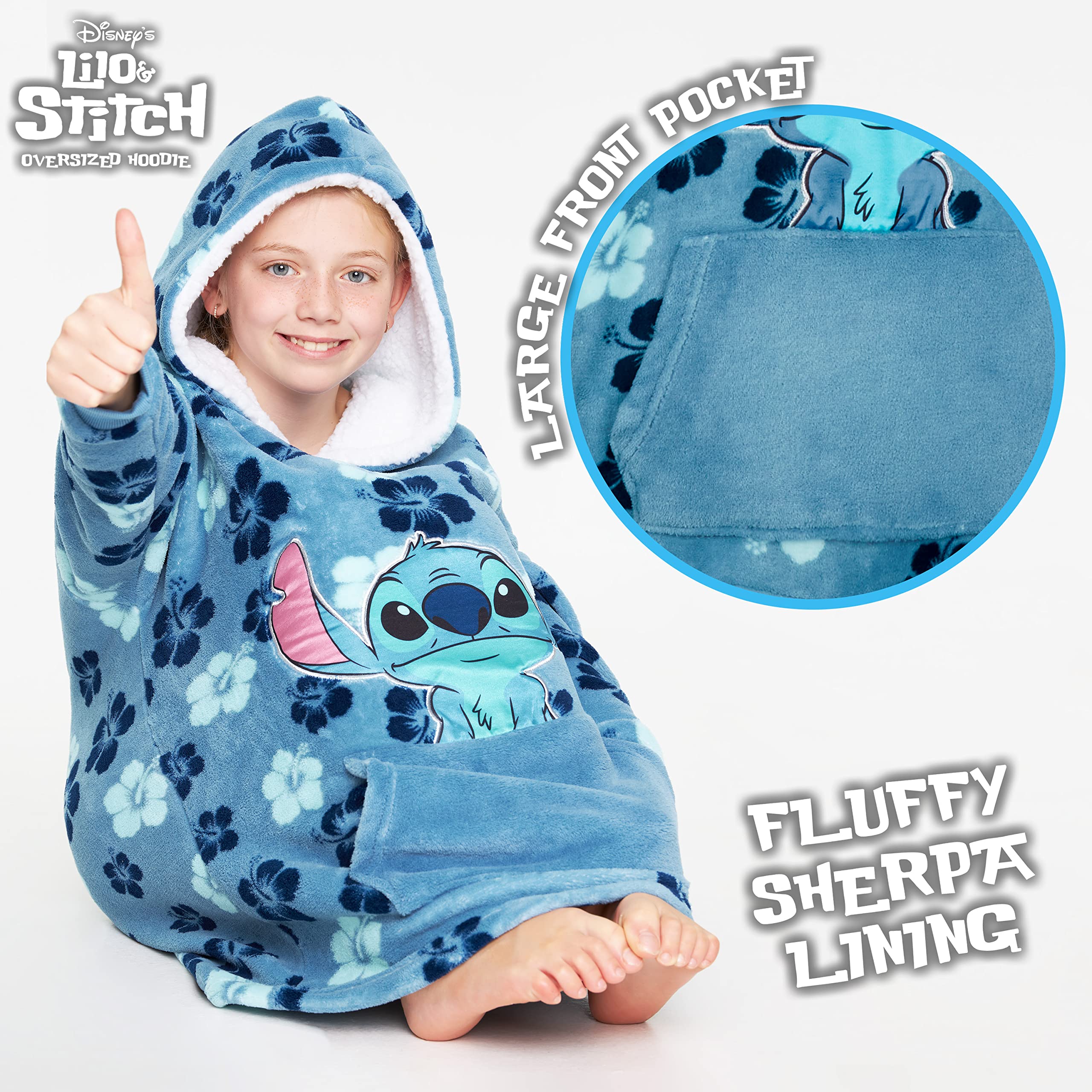Disney Stitch blanket hoodie sherpa-lined hood for snug warmth on chilly evenings.