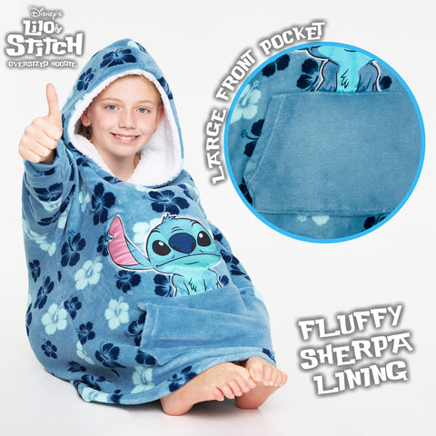 Disney Stitch blanket hoodie sherpa-lined hood for snug warmth on chilly evenings.