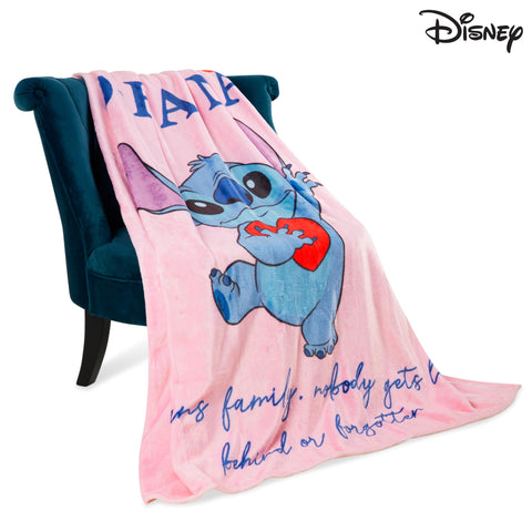 Disney Stitch throw blanket measures 59 by 51 inches for couch or bed.
