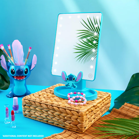 Disney Stitch vanity mirror shows integrated trinket tray for organizing jewelry and accessories.