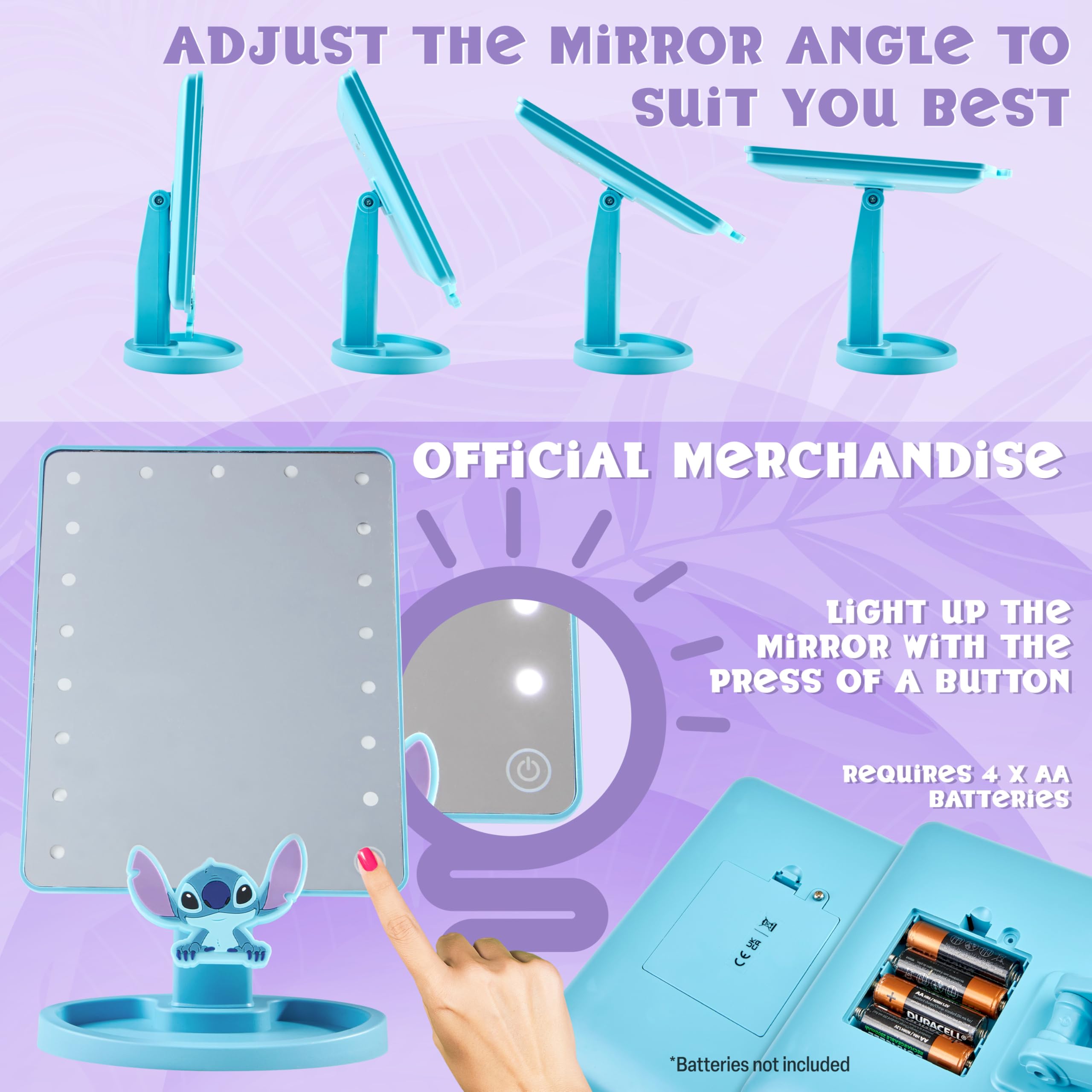 Disney Stitch mirror with touch controls offers instant illumination at a tap.