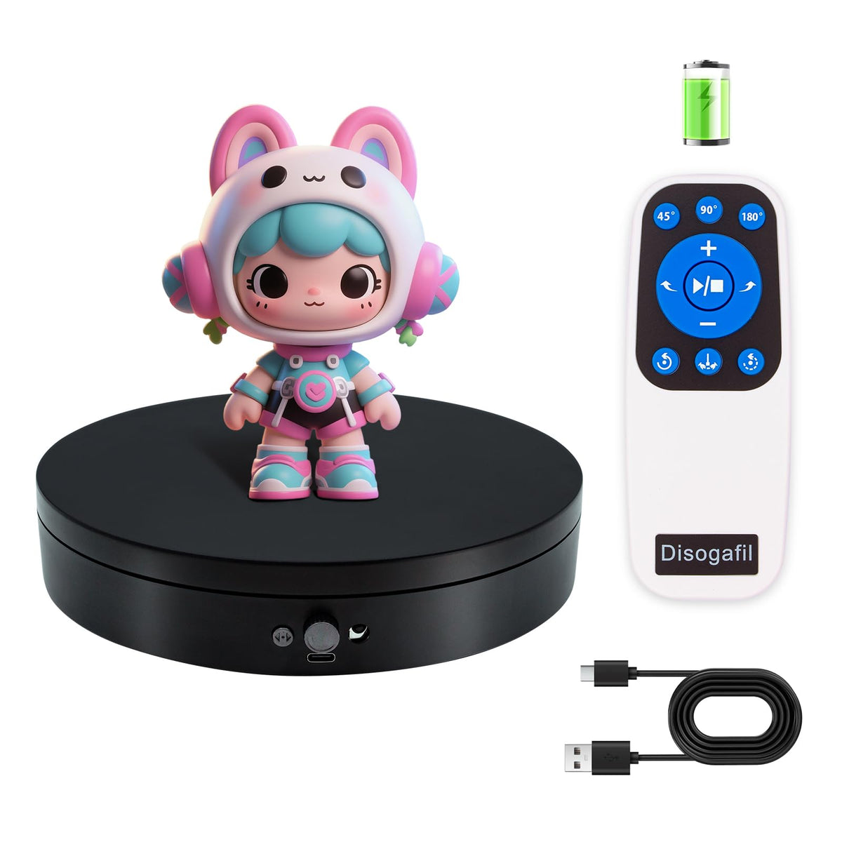 Disogafil motorized turntable displaying a product with smooth 360° rotation.
