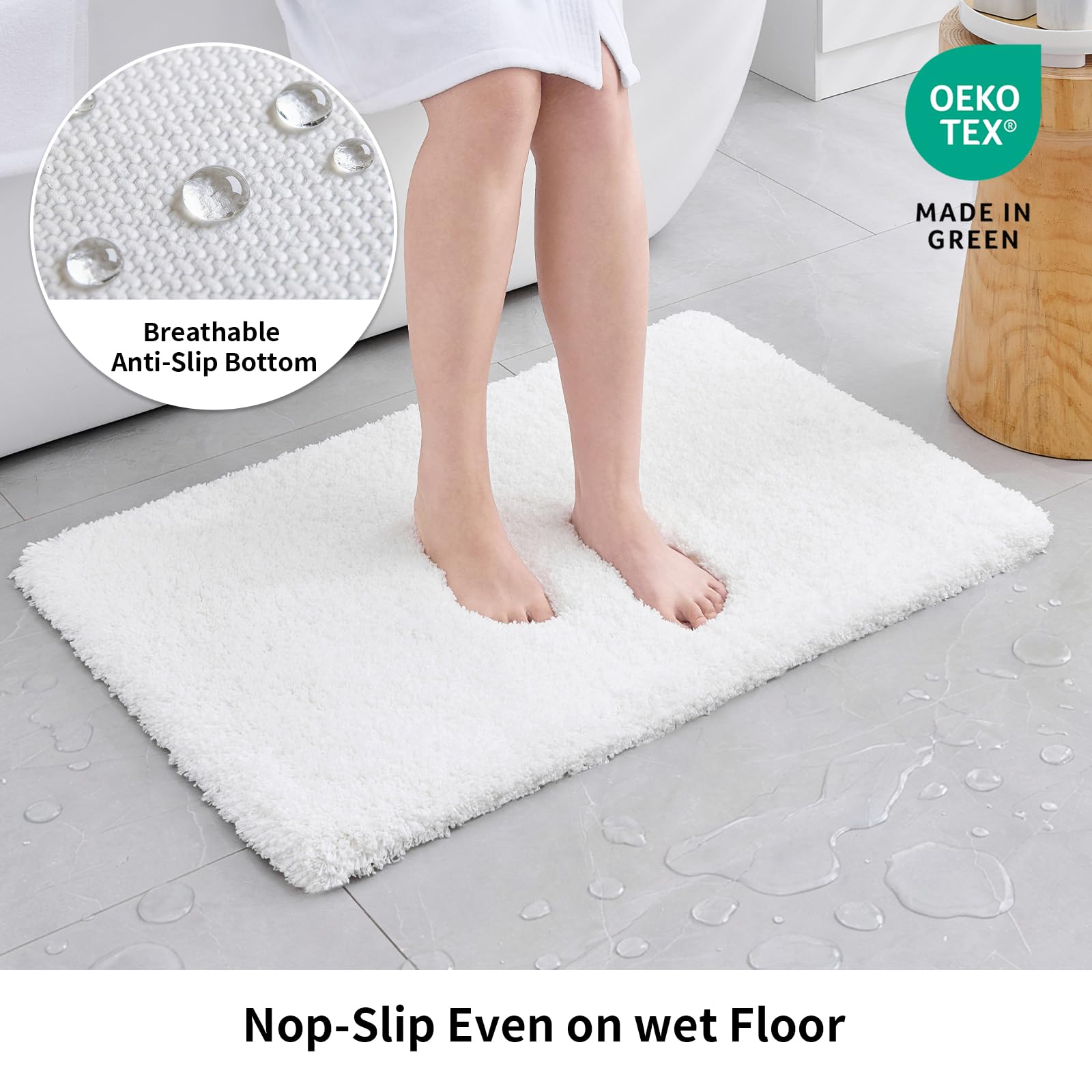 Disolla mat showing foam latex non-slip backing for secure placement on wet floors.