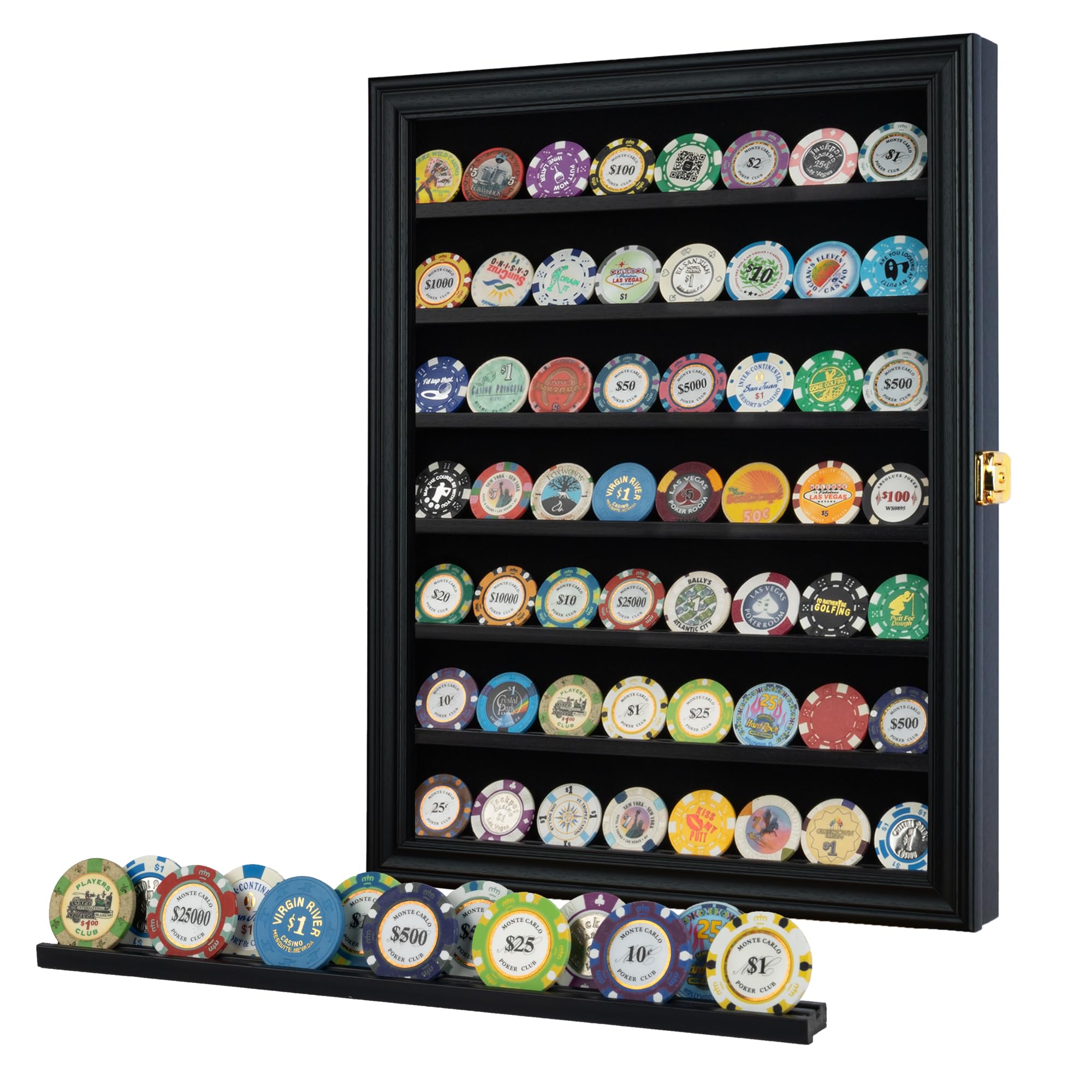 DisplayGifts coins and insignia neatly arranged on the shelves for organized display.