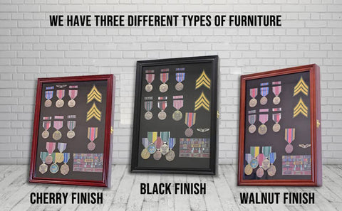 DisplayGifts large pin display case black fabric background enhances pin and medal contrast.