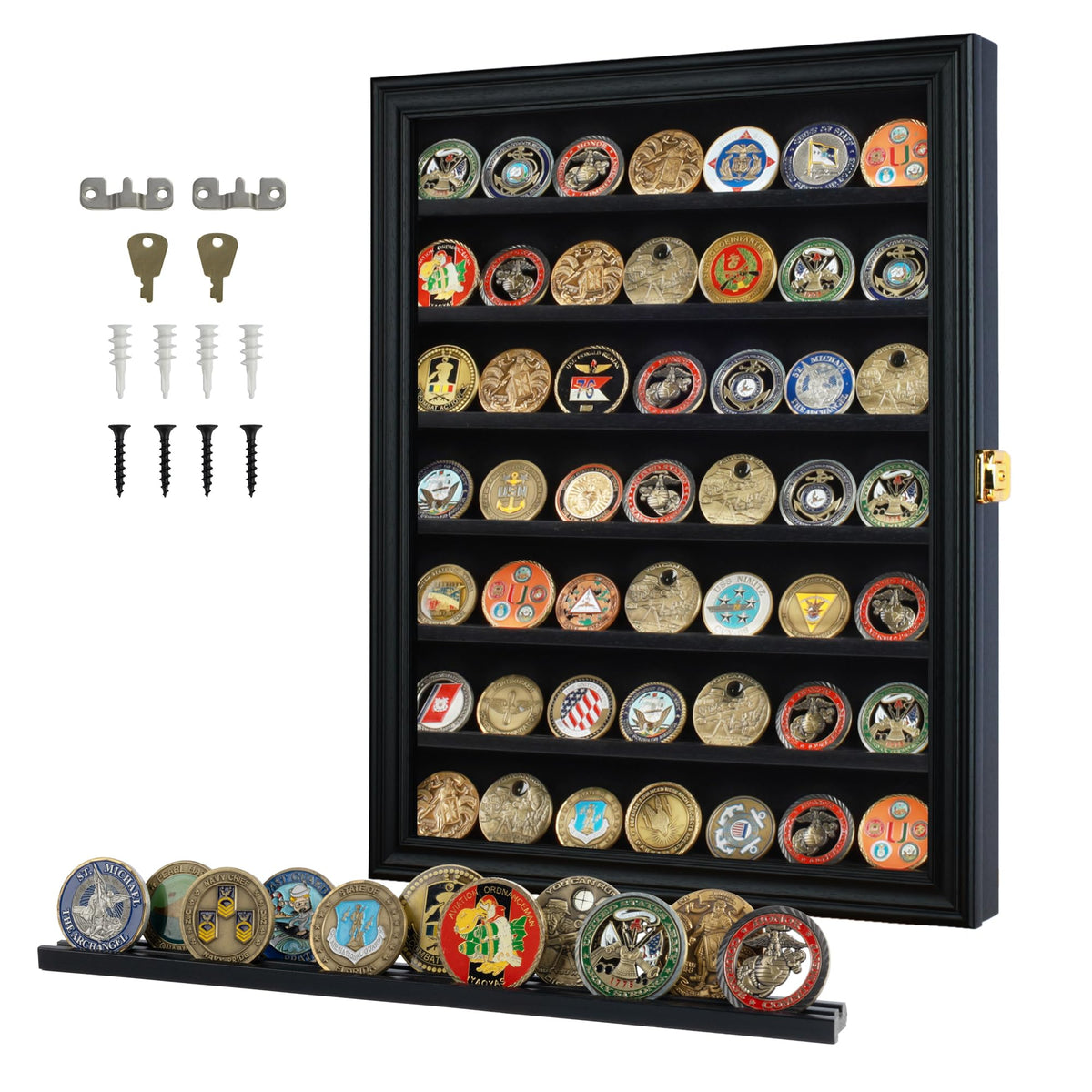 DisplayGifts military challenge coin display case front view in black finish for elegant presentation.