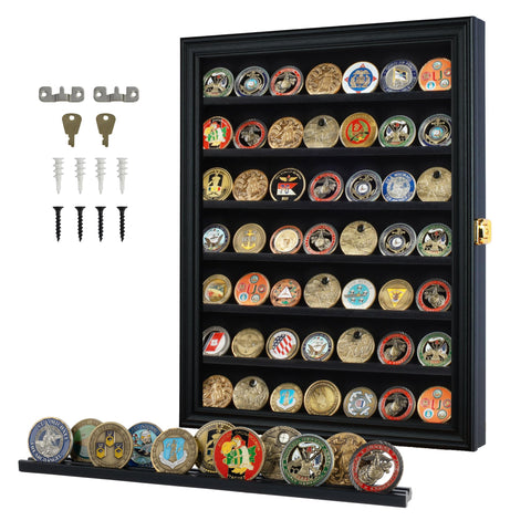 DisplayGifts military challenge coin display case front view in black finish for elegant presentation.