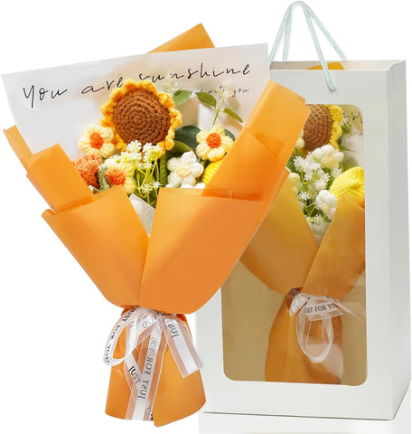 Disracker crochet flower bouquet in yellow wrap shows lasting color for gifting.