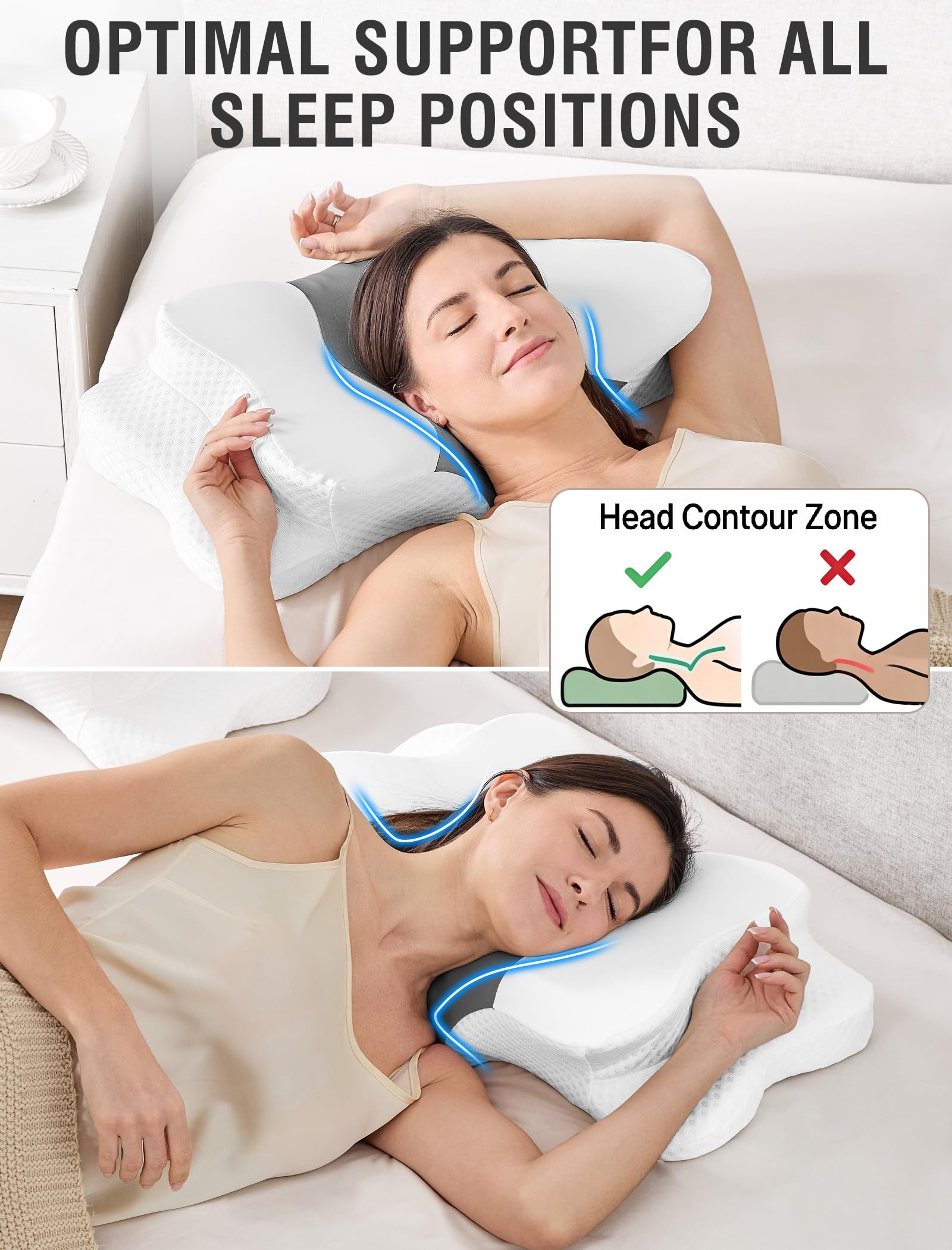 DISSA Cervical Pillow center cradle demonstrates back-sleeper alignment for smoother mornings