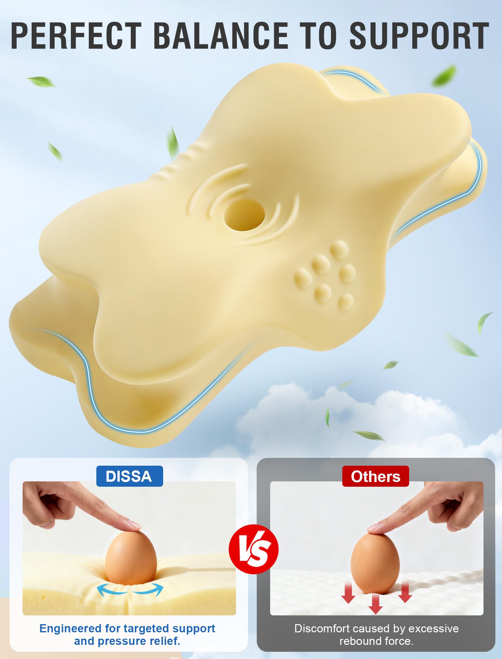 DISSA Cervical Pillow lateral zones provide stable support without sinking for side sleeping