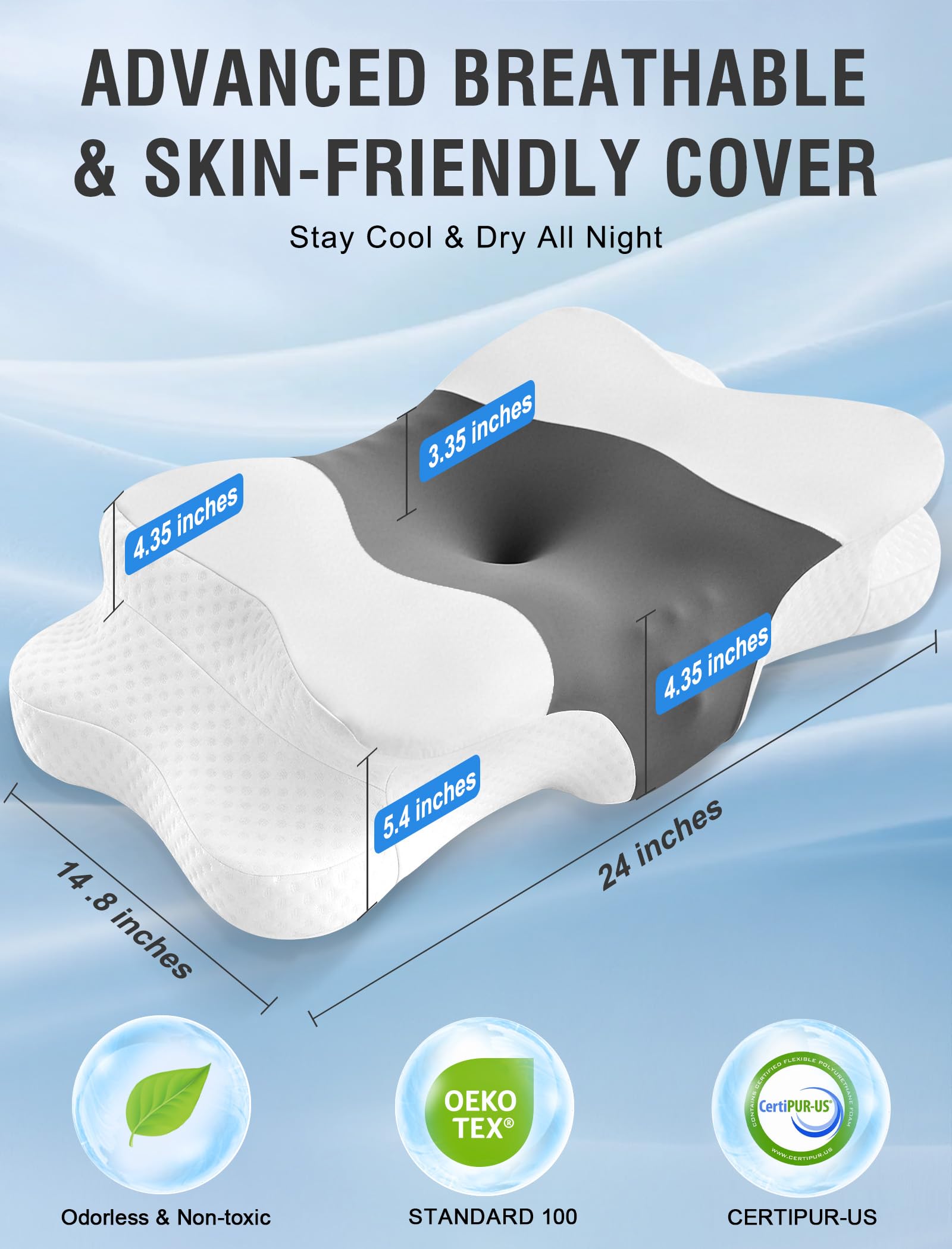 DISSA Cervical Pillow side view highlights dual-height zones for side sleepers comfort