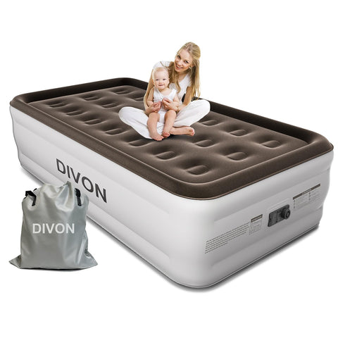 DIVON twin air mattress with built-in pump for quick guest setup.
