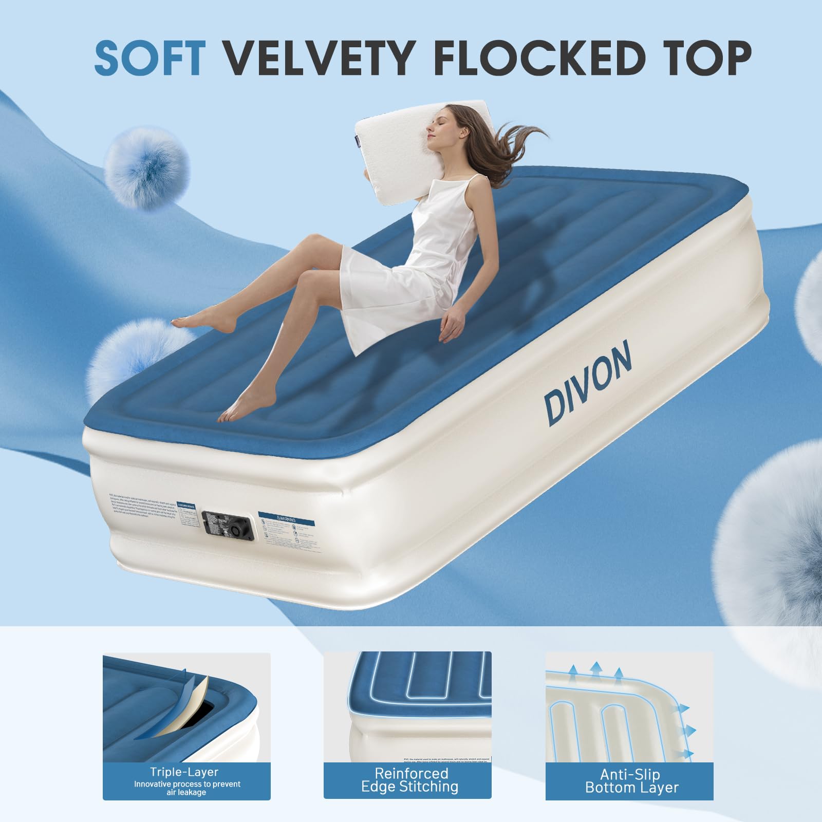 DIVON flocked top offers soft touch and comfortable sleep.