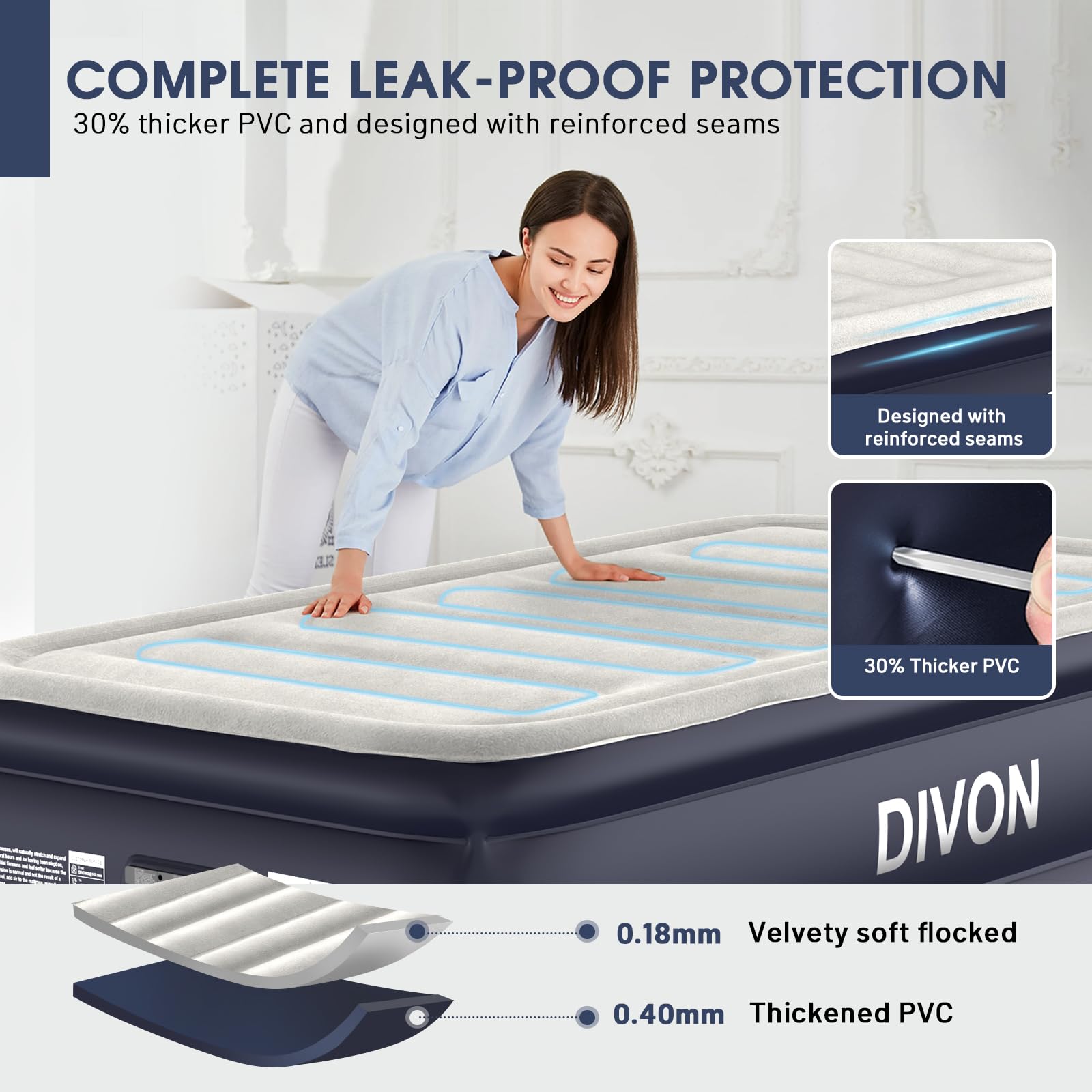 DIVON flocked top feels soft and easy to clean for guests