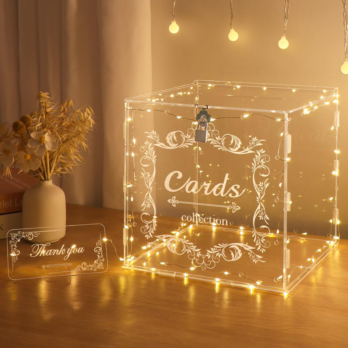 DIWNELEM acrylic wedding card box with lock for secure guest cards.