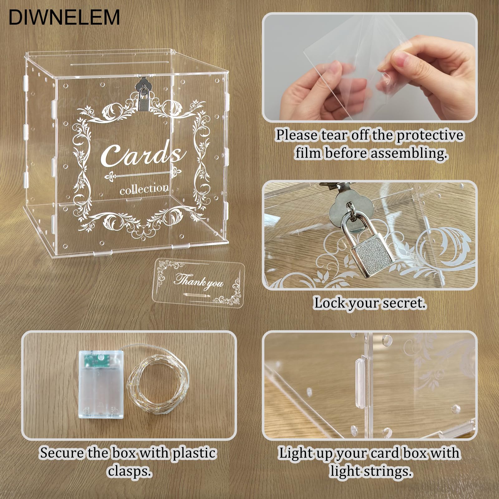 DIWNELEM card box with warm lighting adds a soft glow.