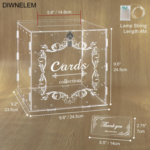 DIWNELEM transparent acrylic card box enhances wedding reception decor.