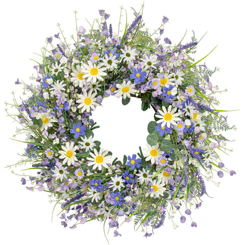 DIYFLORU 22-inch wreath for front door welcomes guests with blue daisies.