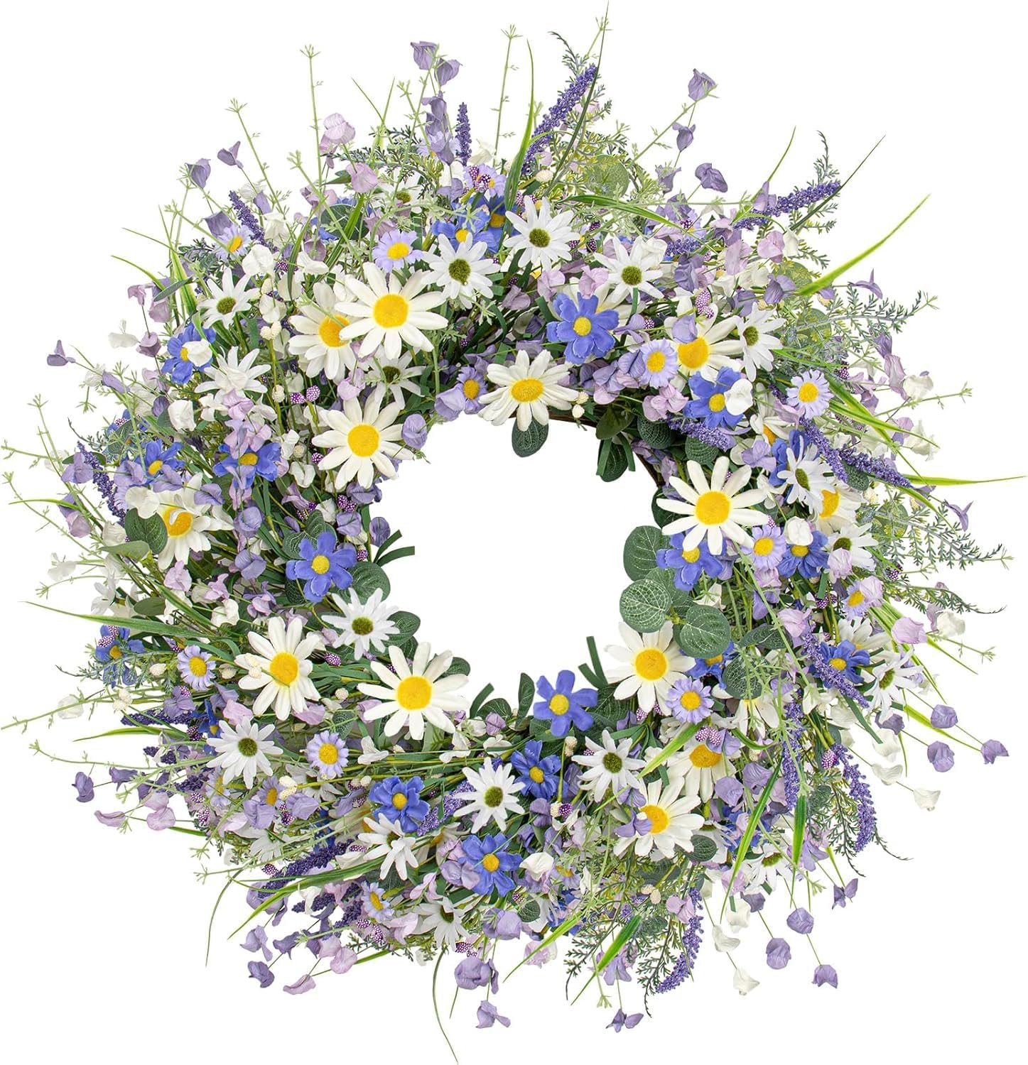 DIYFLORU 24-inch blue summer wreath with daisies for a welcoming front door