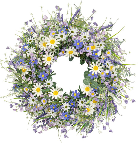DIYFLORU 24-inch blue summer wreath with daisies for a welcoming front door