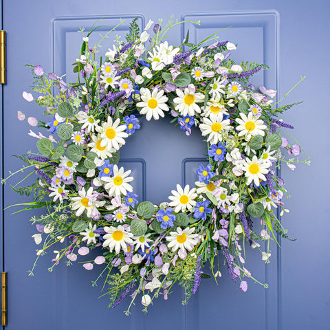 DIYFLORU wreath featuring blue daisies adds vibrant seasonal charm.