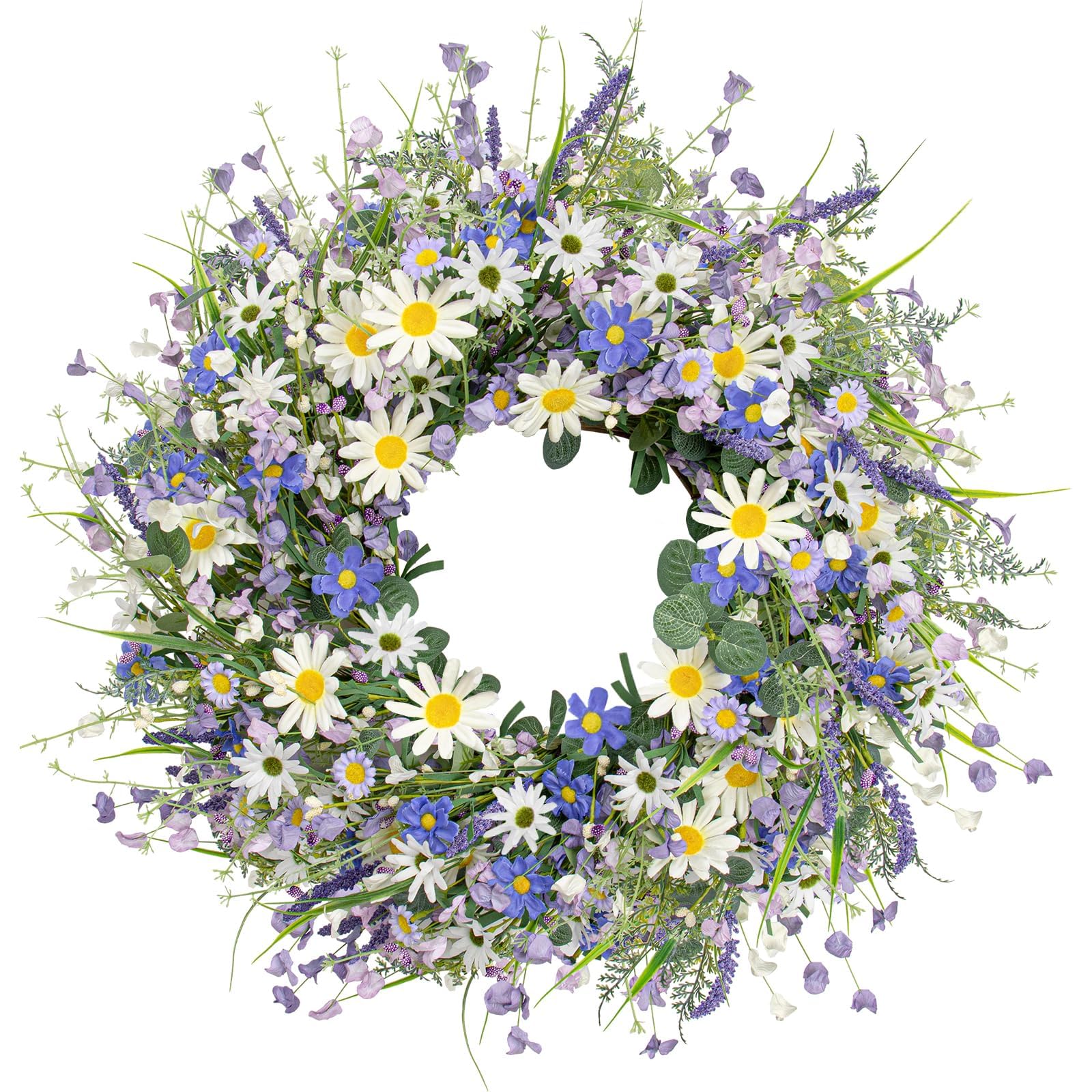 DIYFLORU 28-inch summer wreath with white sunflowers frames the front door.