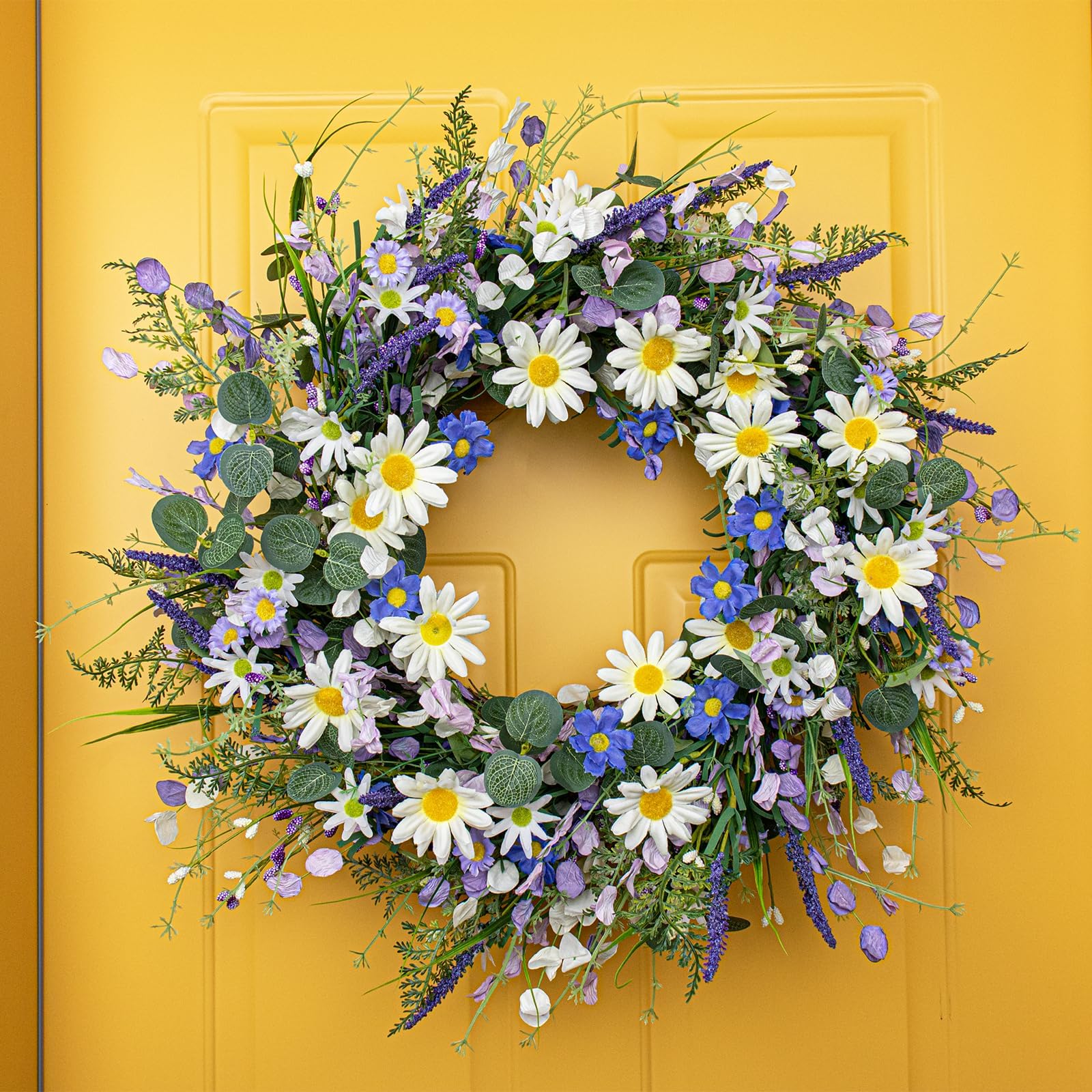 DIYFLORU wildflower-green-eucalyptus wreath adds color and freshness.
