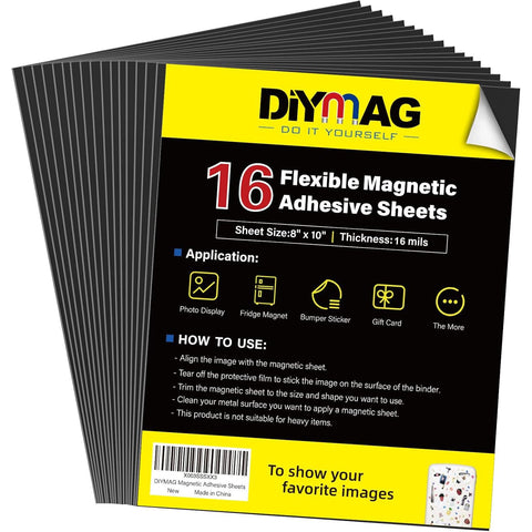 Diymag magnetic adhesive sheets 8x10 display photos on metal surfaces.