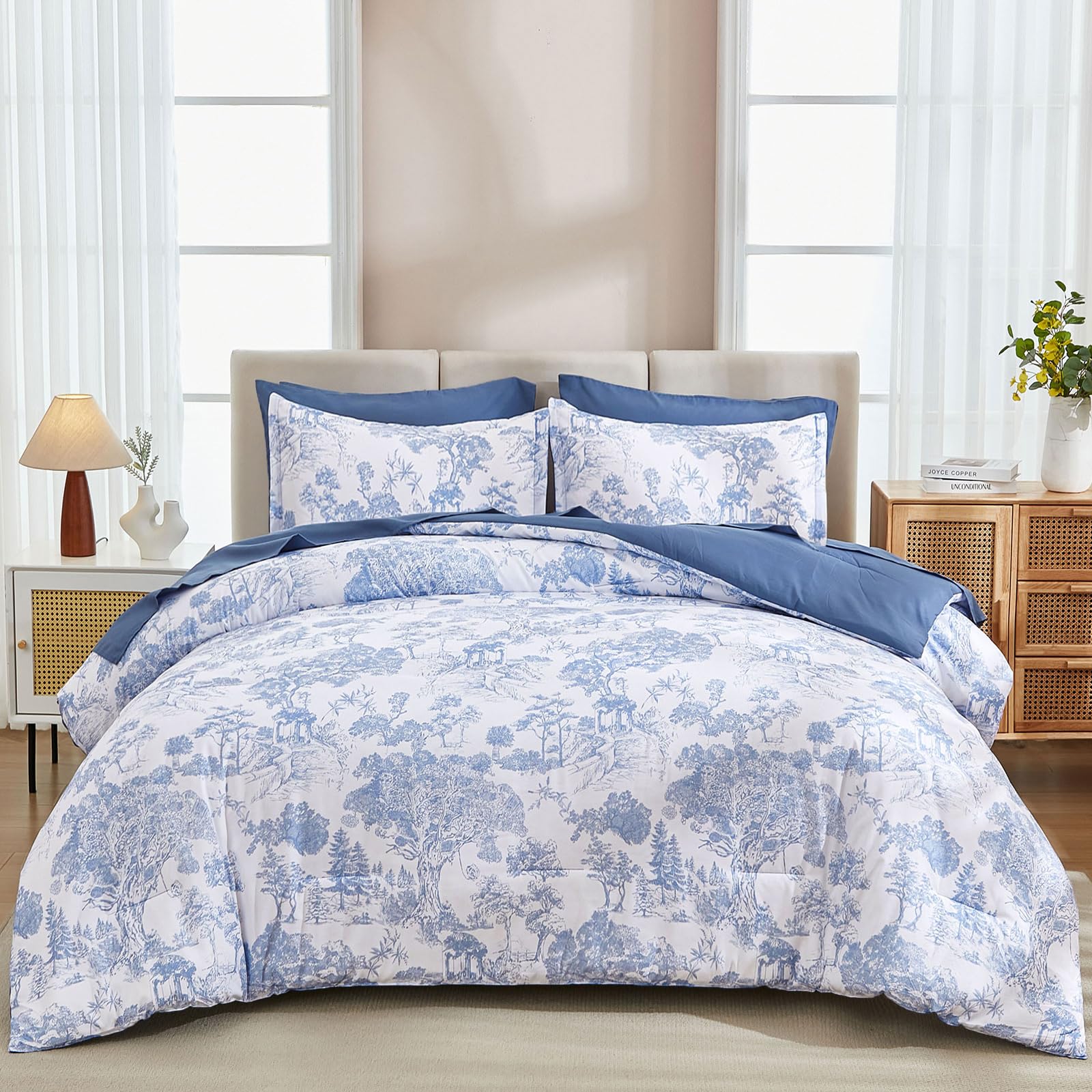 DJY blue comforter set king showcases bold botanical print for a fresh bedroom look.