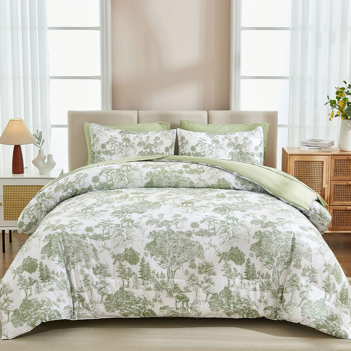 DJY Sage Green Comforter King ensemble shows soft microfiber for all-season comfort.