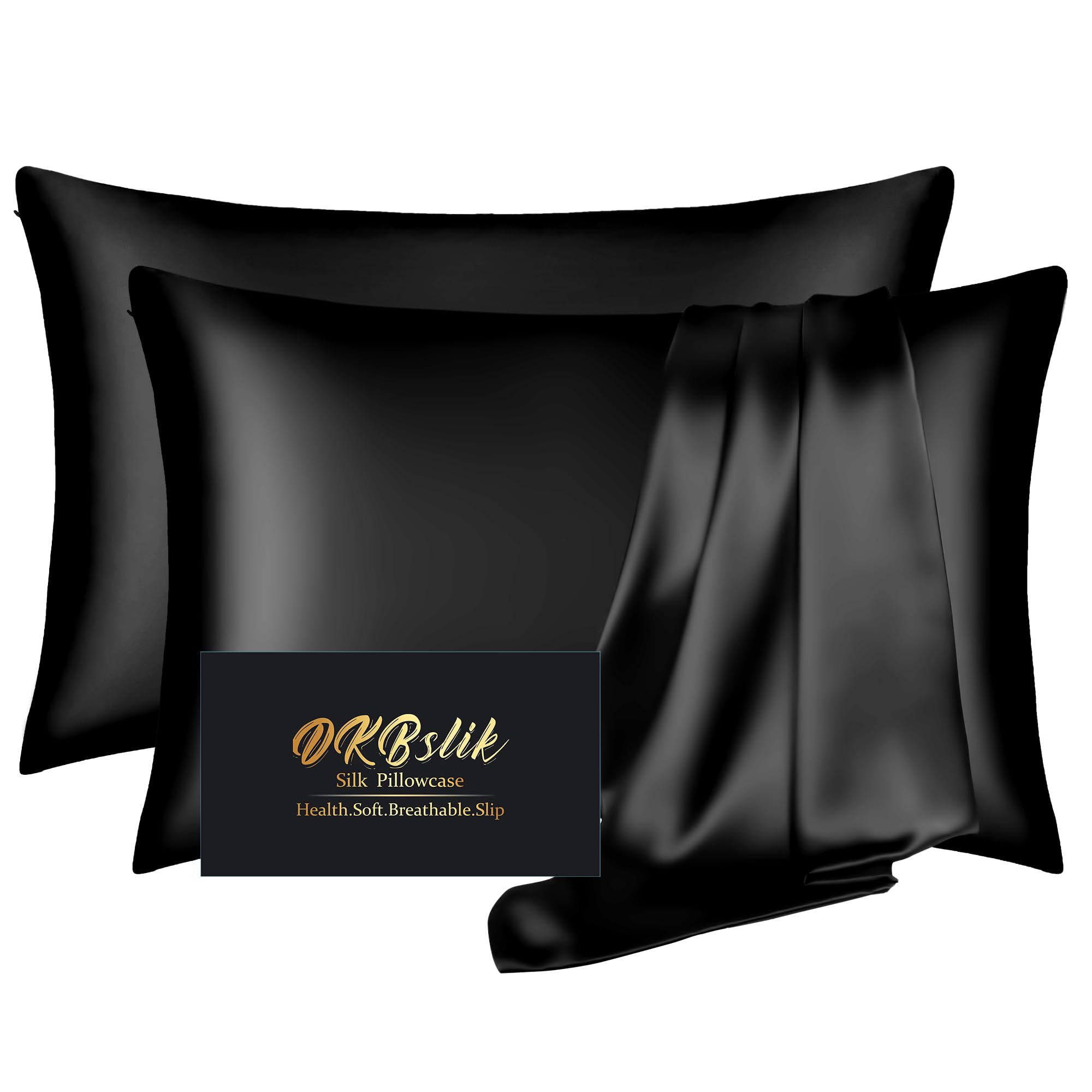 DKBslik silk pillowcase close-up in black shows mulberry silk texture for smooth skin.
