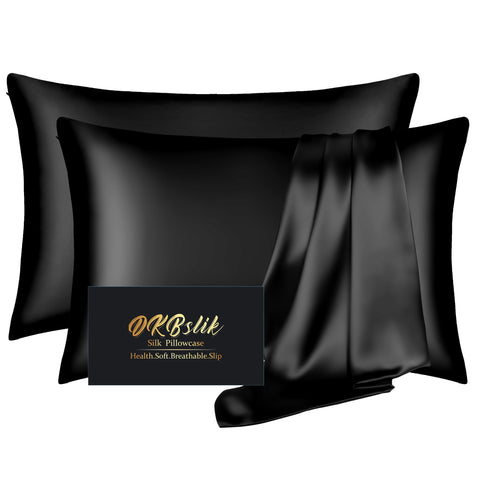 DKBslik silk pillowcase close-up in black shows mulberry silk texture for smooth skin.