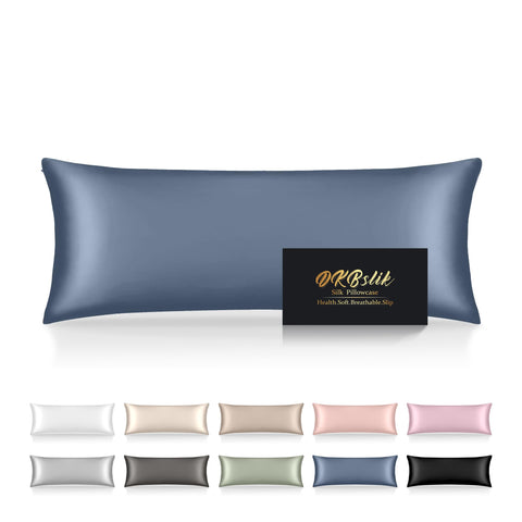 DKBslik silk body pillow case in ash blue delivers cooling comfort for smooth skin.