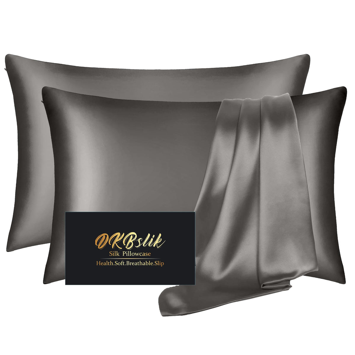 DKBslik silk pillowcase 2-pack in dark gray for smoother skin and hair.