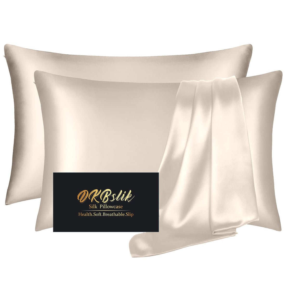 DKBslik silk pillowcase 2-pack beige on bed, smooth for skin and hair.